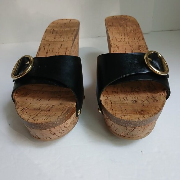 Tommy Hilfiger 'Honora' Cork Wedge Black Leather Gold Buckle Slide SandalsSz7.5 - Picture 2 of 9